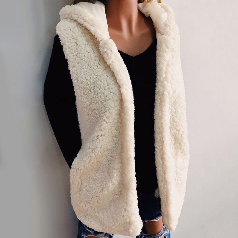 Kvinders beige hvid imiteret pels hættevest efterår vinter afslappet ærmeløse lommer overtøj dame varm fluffy vest