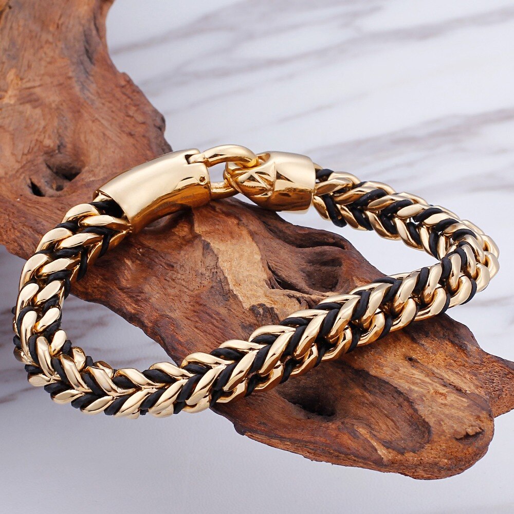 8MM Braided Leather Wrap Bracelet Men Golden Gold Plated Stainless Steel Men&#39;s Bracelets For Men Indian Jewelry Birthday