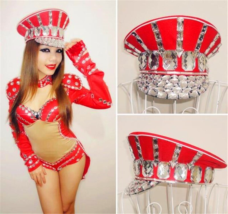 Ds disfraz Bling sombreros de bebé brillante diamante policía Cap Rhinestone rojo trajes militares trajes de escenario para cantantes Beyonce