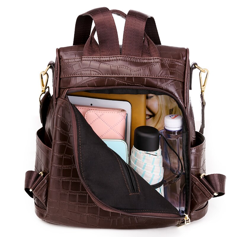 Antidiefstalrugzak voor dames leren rugzak krokodillenpatroon dames reisrugzak pu schooltas voor tienermeisjes preppy
