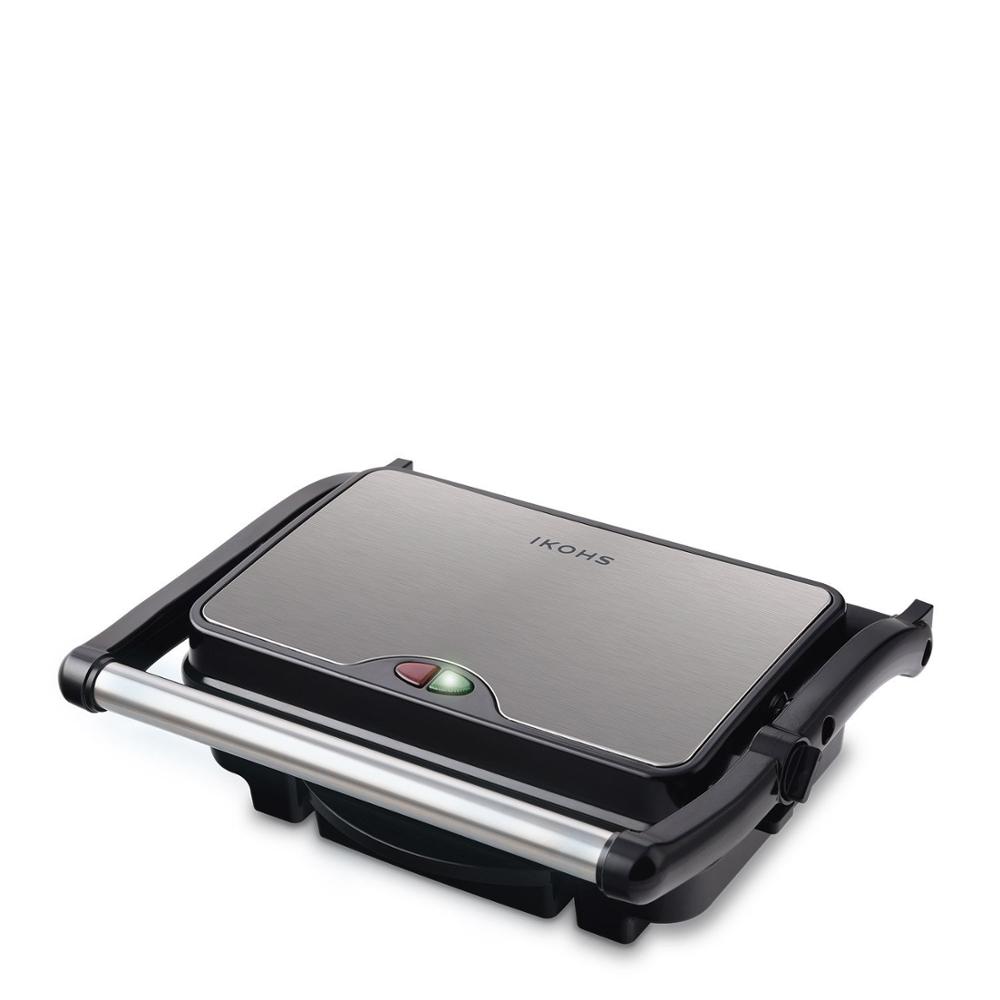 IKOHS Parrilla Plancha PRO Sandwich Maker Grills Asado Eléctrica 1500W Color Plata Metal Tapa Flotante Antiadherente Termostato Regulable Facilita Limpieza Base Antideslizante Grasa Bandeja 105º abierto