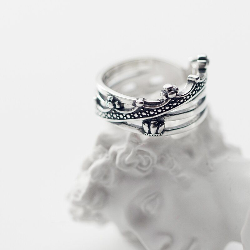Big Chunky Trendy Crown Thai 925 Sterling Silver Ring For Women Retro Multi-layer Adjustable Stackable Ring Jewelry