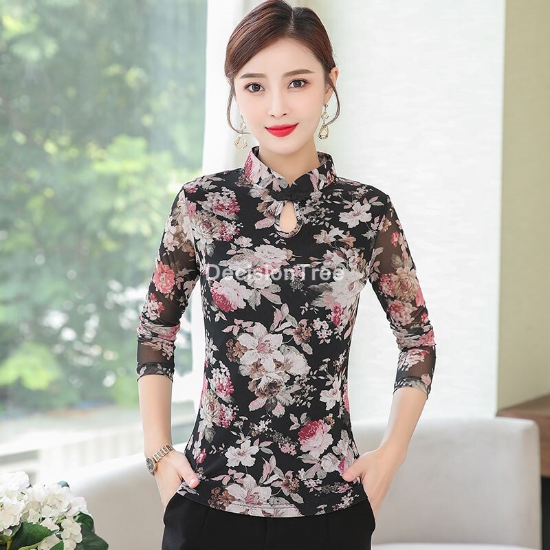 2022 satin silk china shirts cheongsam style traditional chinese clothing for women flower print qipao tops chinese qipao blouse