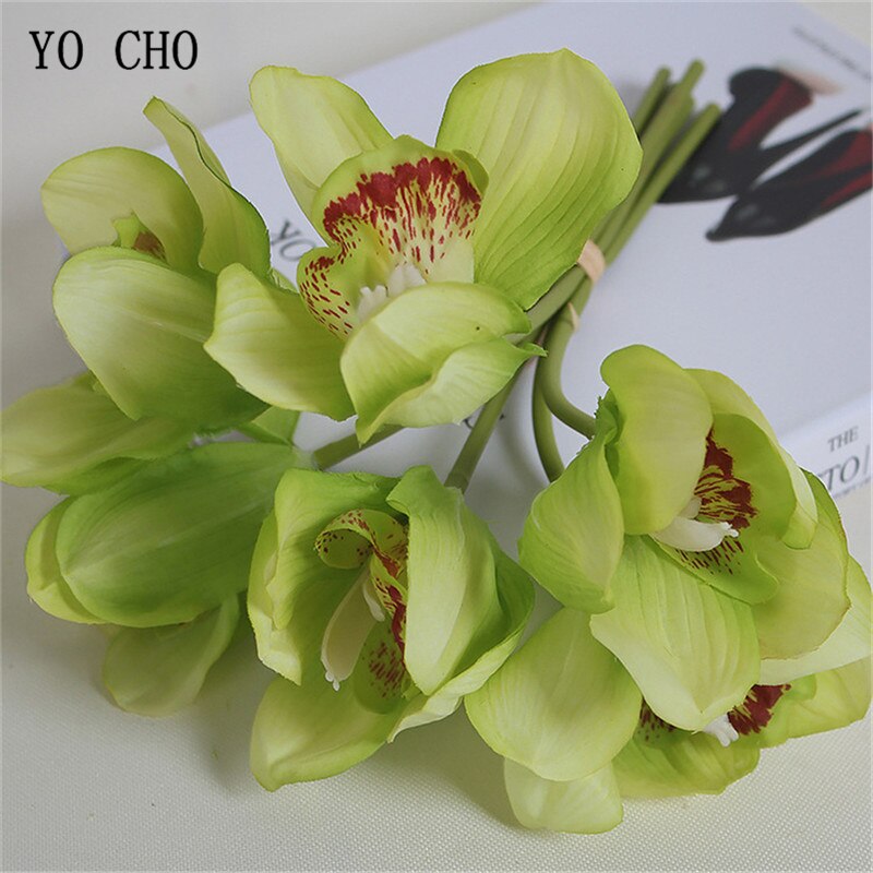 YO CHO Nep Orchidee Bloem DIY Bruidsmeisje Boeket Bruiloft Bloem 6 Heads Orchidee Boeket Bloemstuk Groen Thuis Party Decor