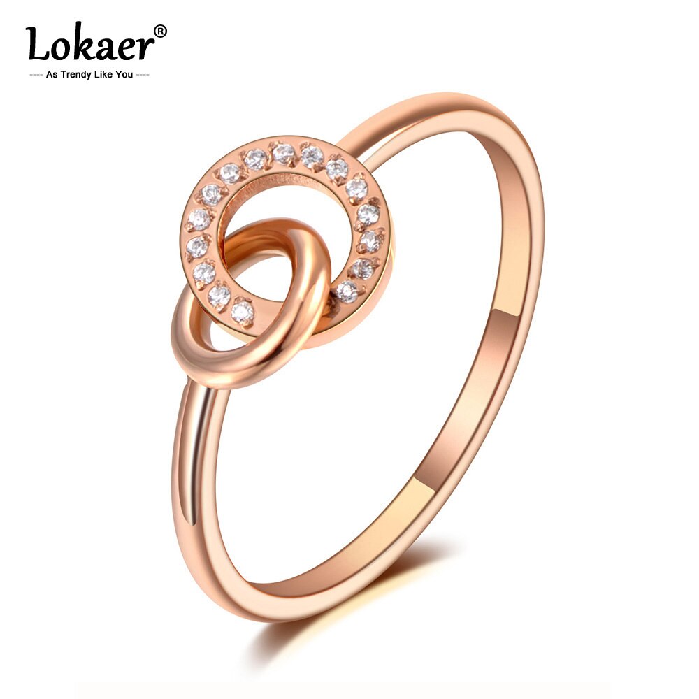 Lokaer Titanium Stainless Steel Mosaic Rhinestone Circle Rings Luxury Rose Gold CZ Crystal Party Ring For Women R20036