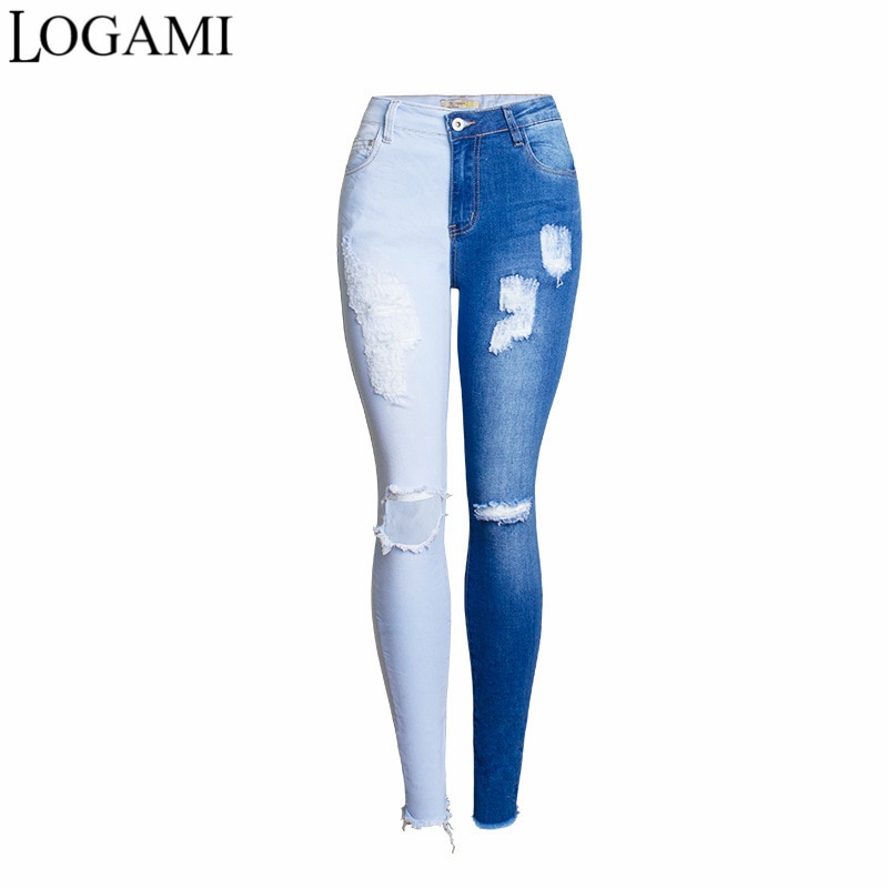 LOGAMI Skinny Ripped Jeans Woman Contrast Color Slim Jeans For Women Denim Pants