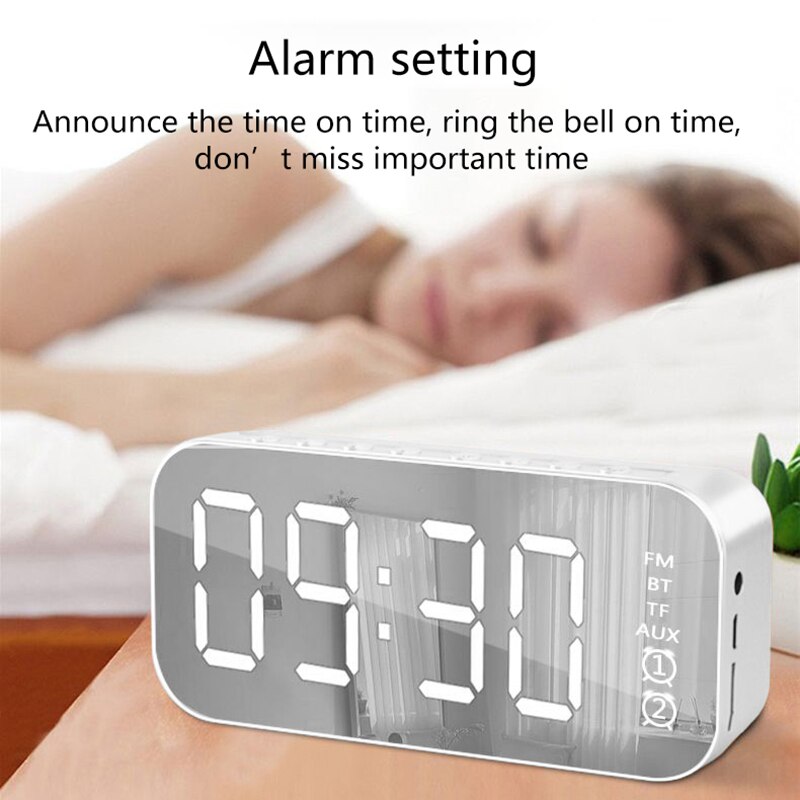 Multifunction LED Digital Dual Alarm Clock Bluetooth Speaker With FM Radio LED Mirror Wireless Music Player Snooze Temperature
