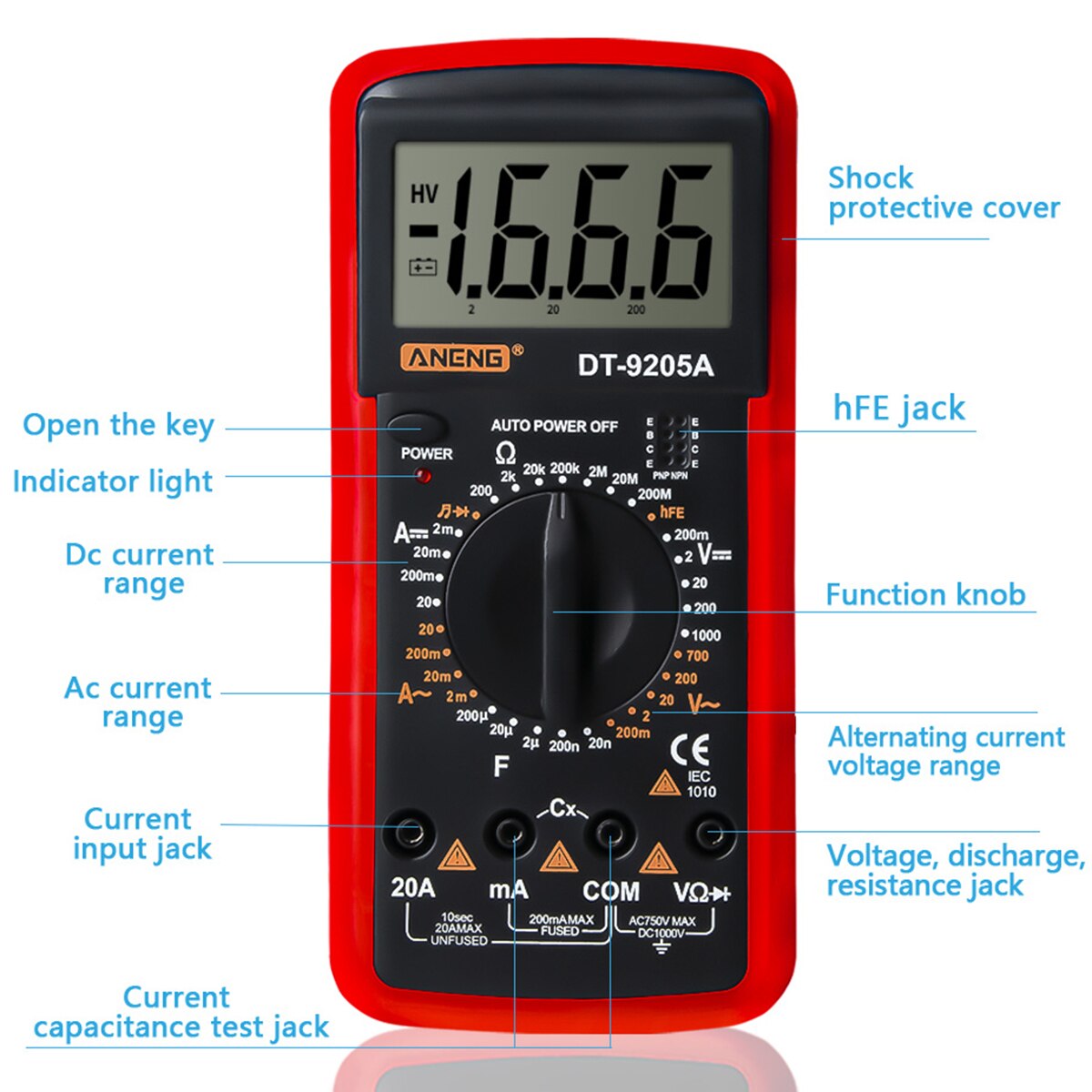DT-9205A Handheld Digital Multimeter AC/DC Volt Amp Ohm Capacitance Hz Tester With Sleep Mode And Data Hold Function