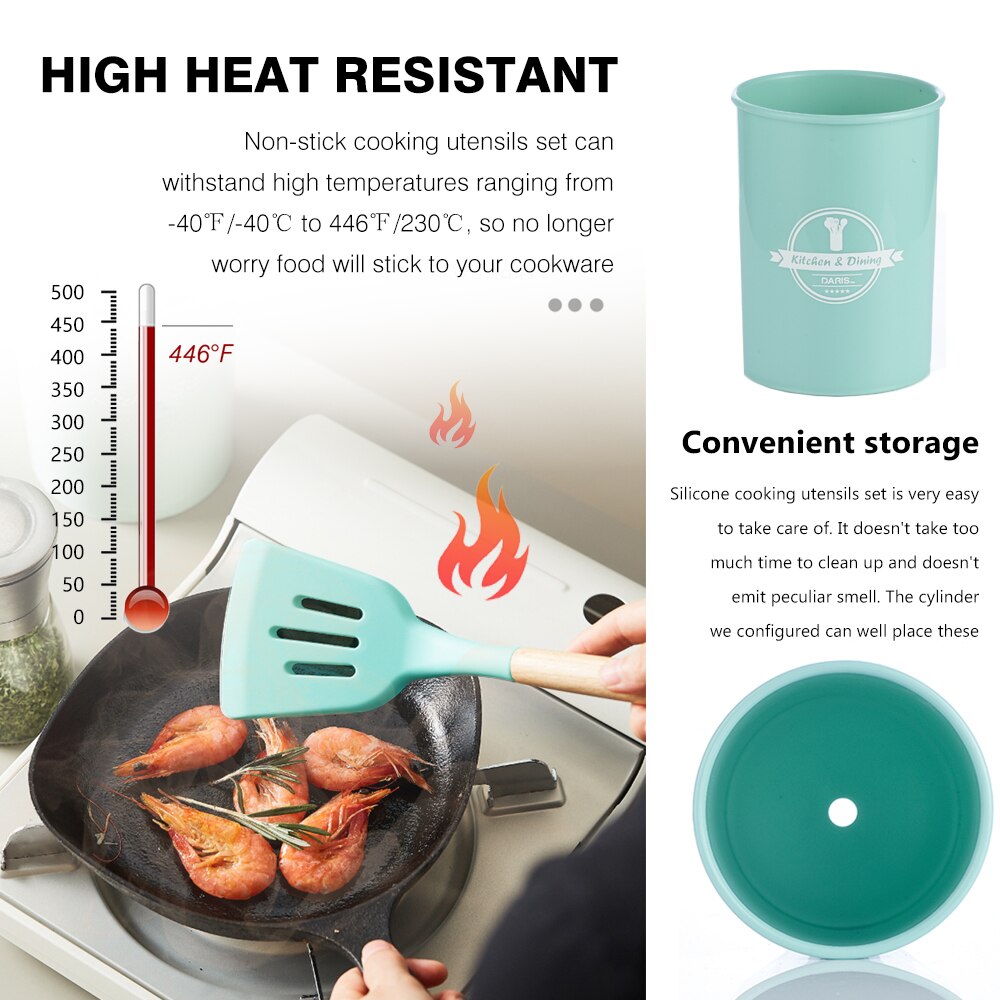 Silicone Kitchenware Cooking Utensils Set Non-stick Cookware Spatula Shovel Egg Beaters Wooden Handle Kitchen Cooking Tool Set