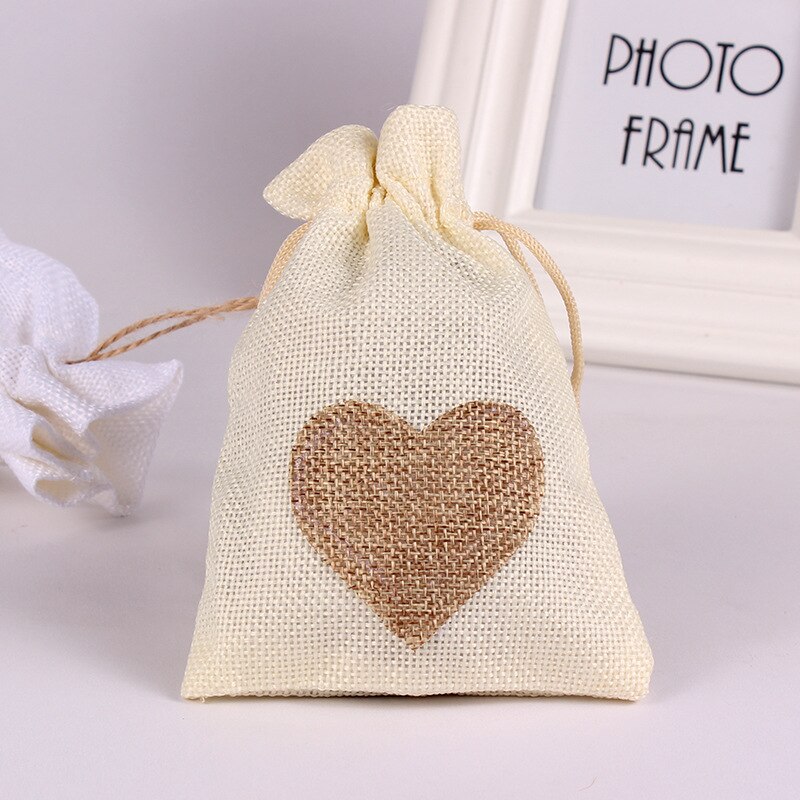 1 PC 10x14CM Hochzeit Taschen Schmuck Tasche modisch Weiß Natürliche Leinen Kordelzug Hochzeit Favor Taschen Beutel herz bilden: Stil C