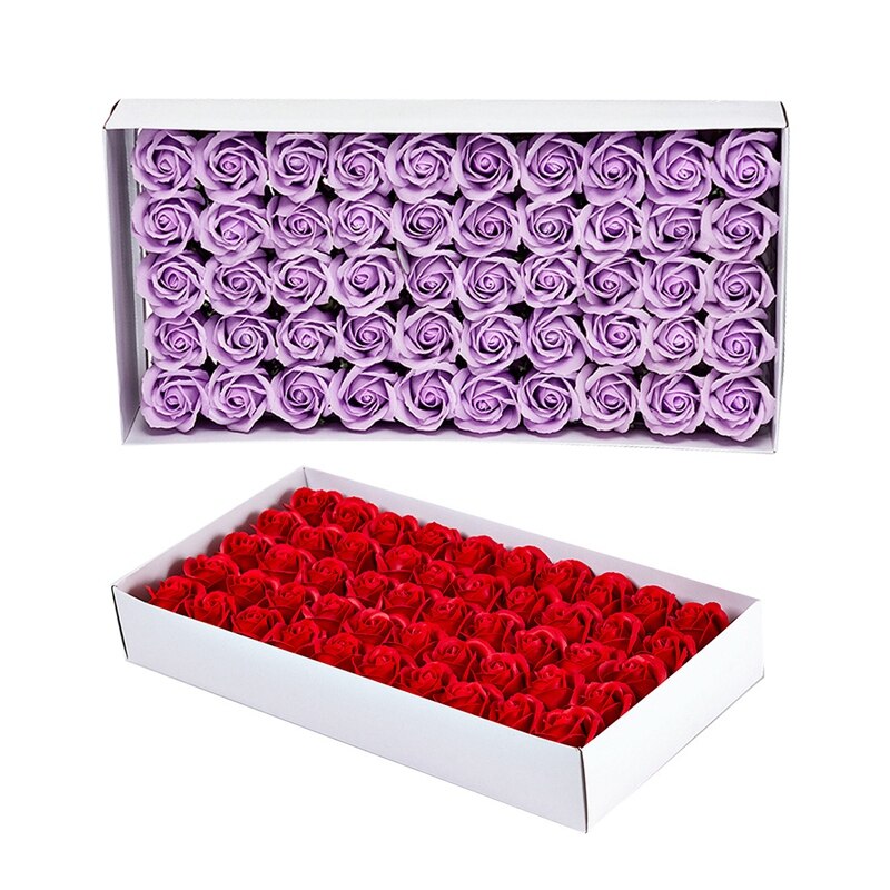 100 Stuks Bloemen Geurende Bad Zeep Rose Bloemblaadjes Plantaardige Etherische Olie Set, 50 Stuks Grote Rode & 50 Stuks Licht Paars