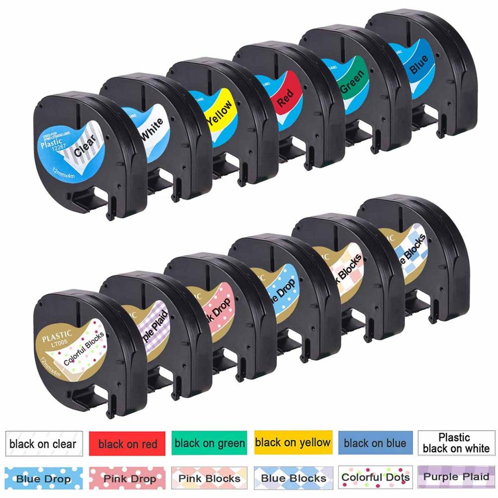12Pcs Label Tape - 12mm - Plastic & Paper - For Dymo Letratag LT-100H Label Maker: Set B