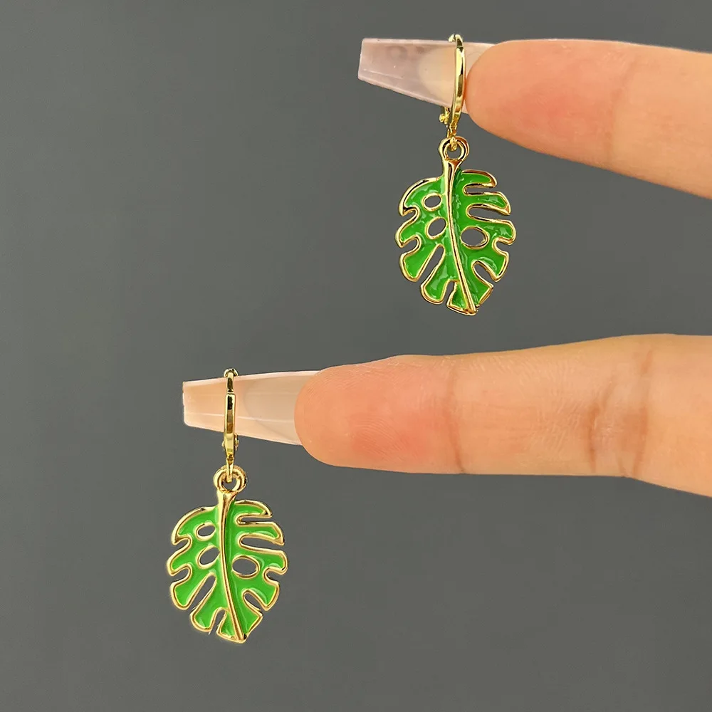 Pendientes de aro de Color dorado con forma de planta de Cactus y hoja esmaltada colorida para mujeres y niñas, pendientes Vintage bohemios con goteo de aceite, de joyería