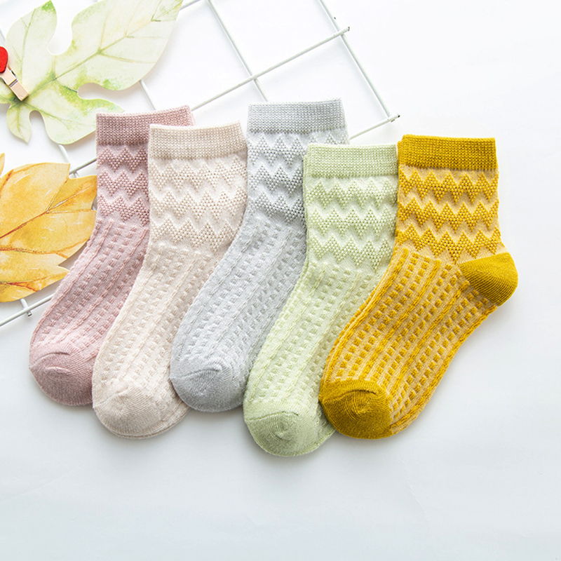 Calcetines de algodón suave para bebé, medias de malla de Color sólido para niño de 0 a 12 años, 5 par/lote: wave pattern / 1-3 years old
