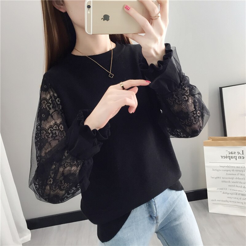 Menina malha manga longa camisola de malha feminino o pescoço solto preguiçoso costura lanterna manga laço bottoming jumper primavera 2020 primavera: Black