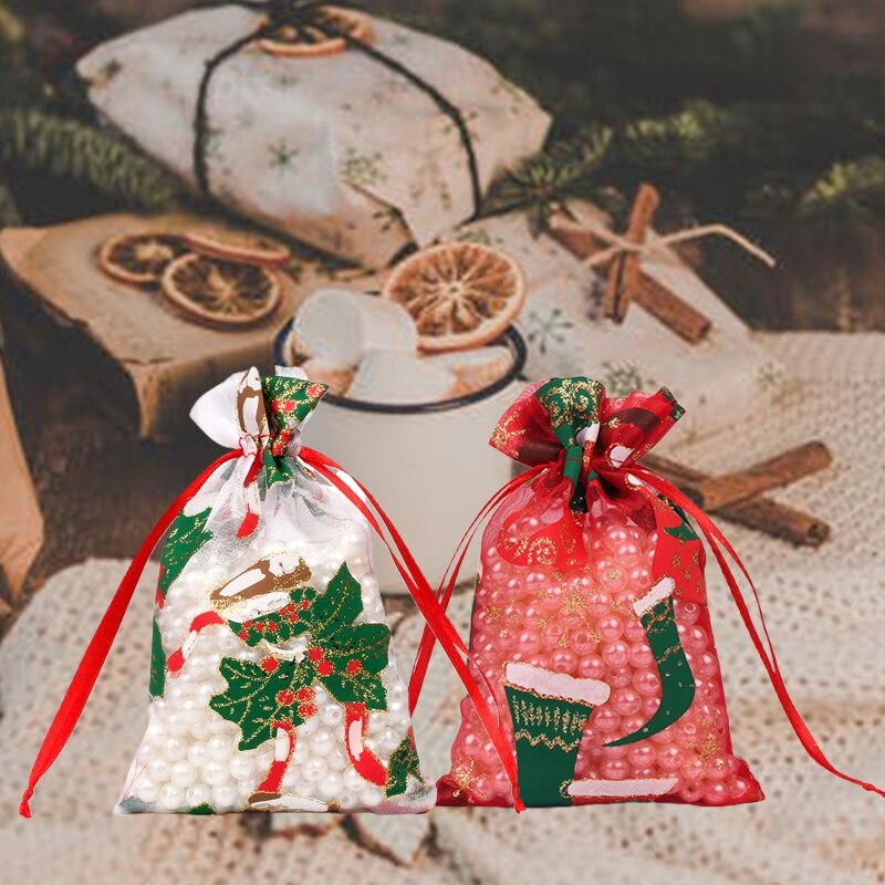 100 stuks kerst organza zakjes snoep doorschijnende zak sieraden bruiloft feest kerst verpakking display zakjes
