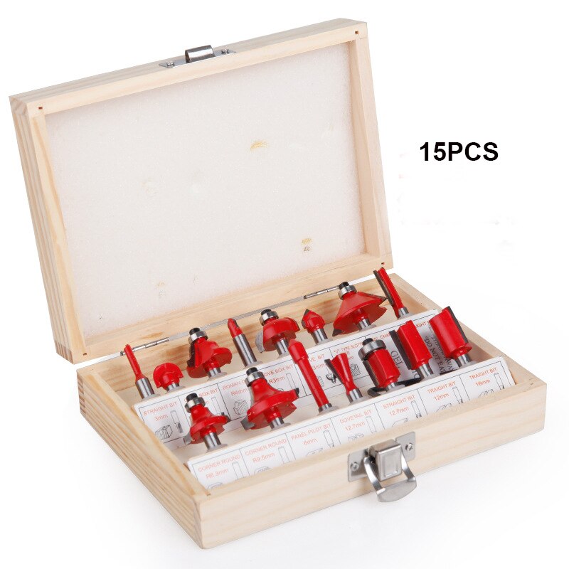 110V/220V Electric Hand Wood Trimmer 6.35mm Laminator Router Woodworking Tool Set for Wood: 15PCS MILLING CUTTER