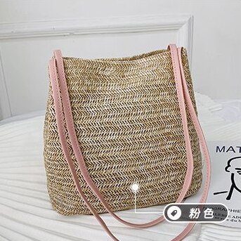 Bolso de mano tejido bohemio de verano para mujer, bolso de playa, bolso de mano informal, mimbre de paja: Rosa