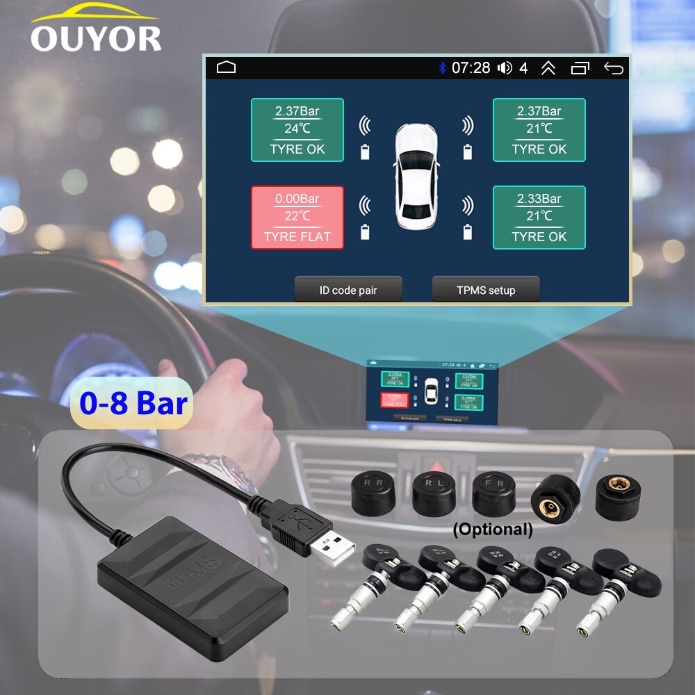 Android Tpms Auto Radio Dvd-speler Bandenspanningscontrolesysteem Reservewiel Druk Sensoren Interne Externe Sensor Usb Tmps