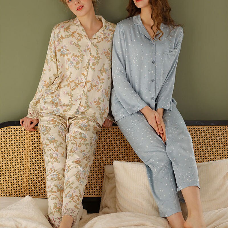 Spring Natural Cotton Pajamas Female Star and Moon Print Pijamas Women Cotton 2 Piece Set Women Huispak Vrouwen