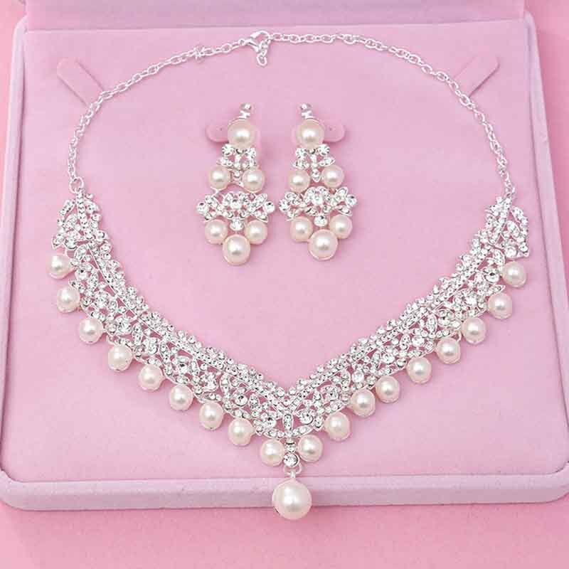 Braut Hochzeit Luxus Glänzende Strass Schmuck Set Simulation Perle Party Haar Schmuck Damen Zarte Tiara Necklack Ohrringe
