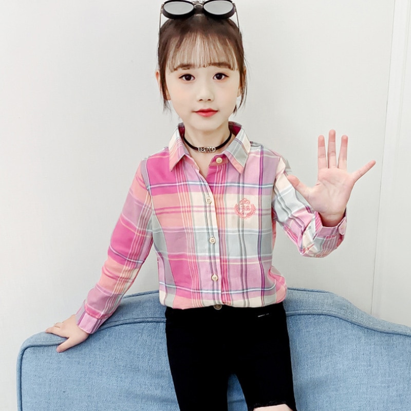Geruite blouse voor meisjes kinderblouse lange mouw lente casual tiener tops omslagkraag katoenen kindershirts