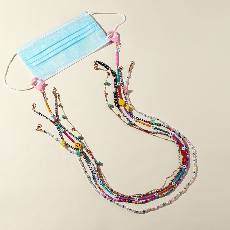 Farverige perler tegneserie bogstaver maske kæde halskæde til kvinder multifunktion anti-mistet rem lanyard briller kæde smykker