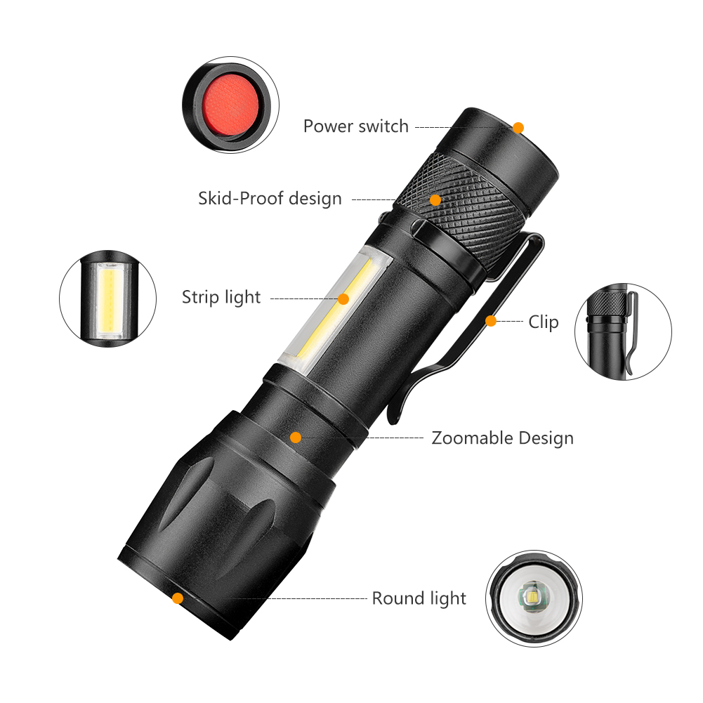 COB LED Flashlight Super Bright Waterproof Handheld Flashlights Torch Pocket Work Light for Emergency Lighting By 1xAA Battery