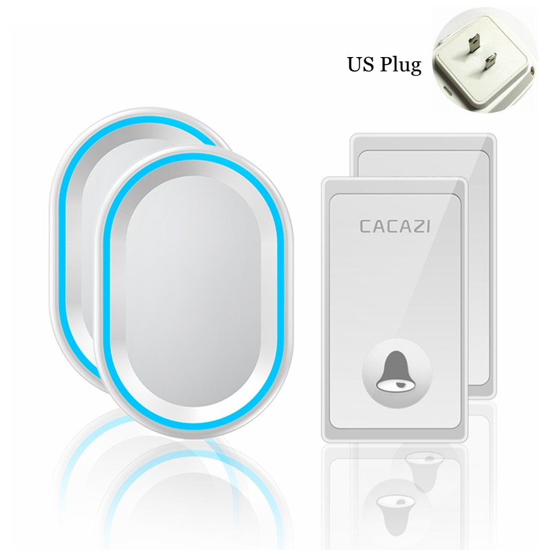 CACAZI No Battery Required Wireless Doorbell 2 Buttons 2 Receivers US EU UK Plug Self-powered Waterproof Smart Home Call bell: white 2x2 US