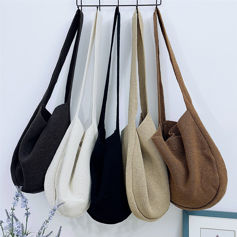 Messenger Bag Women Casual Wool Knitted Shoulder Bags, Student Cross Body Bags Female Simple Woven Solid Color Tote