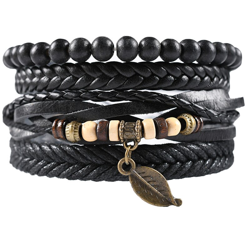 KaiMin 4pcs/ set Adjustable Leather Bracelets for Men Braided PU Black Brown Bangle Life Tree Leaf Rudder Charm Bracelet: JW8034-2