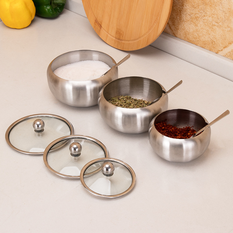MOM'S HAND Kitchen Seasoning Box Stainless Steel Large Sugar Bowl With Glass Clear Lid and Spoon