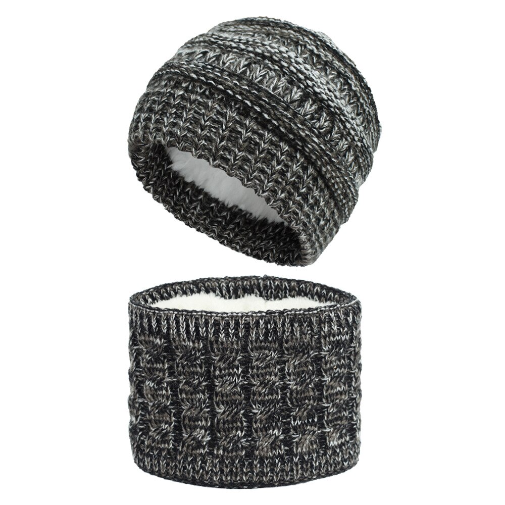 Winter Children's Skullies Hat Scarf Set Thick Knitted Kids Two pieces Fluffy Hats Scarf Sets Solid Warm Cap Girls boys Hats: black white
