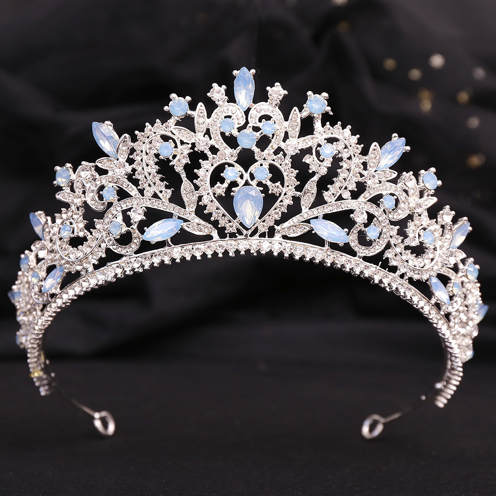 Zilveren Kleur Blauw Opaal Bruiloft Kroon Prinses Hoofdtooi Kristal Bruids Tiara 'S Strass Diadeem Bruiloft Haar Sieraden Accessoires: Gerhodineerd