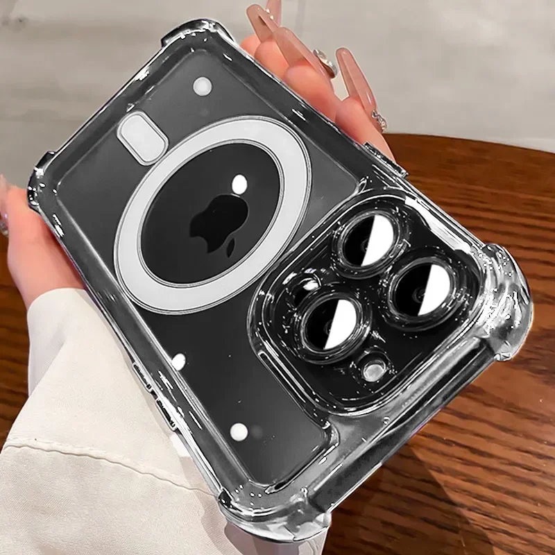 Luxe Magsafe Hoge Transparantie Telefoon Case Voor IPhone 16 15 14 13 12 11 Pro Max Plus Sterke Magnetische Draadloze Opladen cover: Microvezel / duidelijke