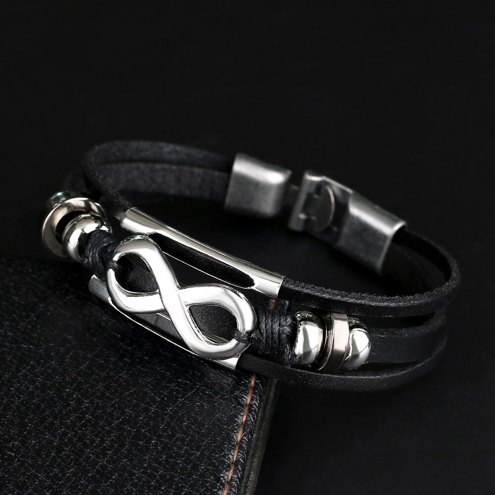 Jewelry Alloy Bead Infinity Symbol Leather Bracelet Charm Multilayer Woven Punk Bracelet for Men Pulsera Hombre: black