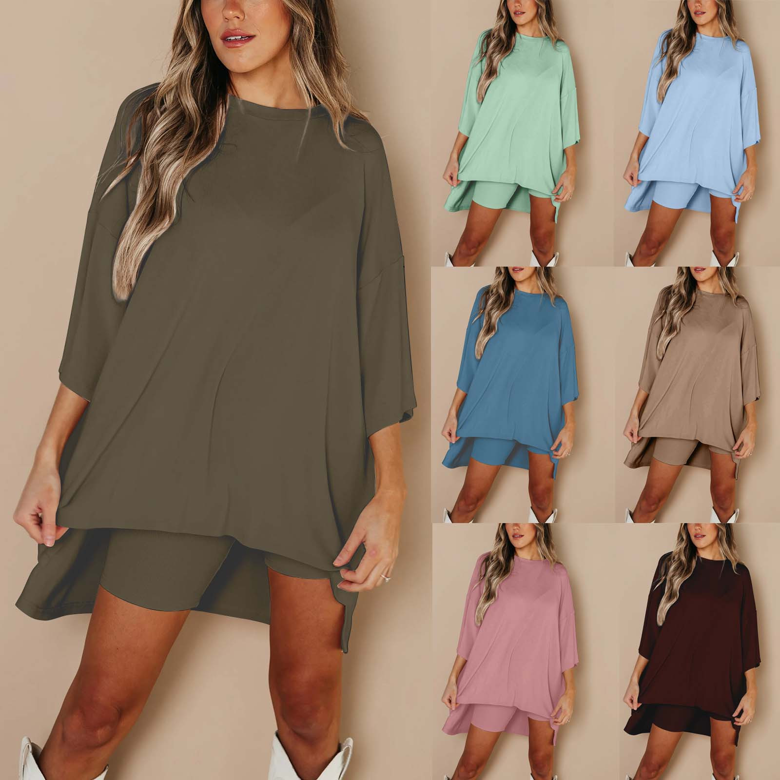 Ensemble Deux Pièces Haut et Short pour Femme, Basique, Polyvalent, Col Rond, Manches Courtes, Directe, 03/Life, Grande Taille