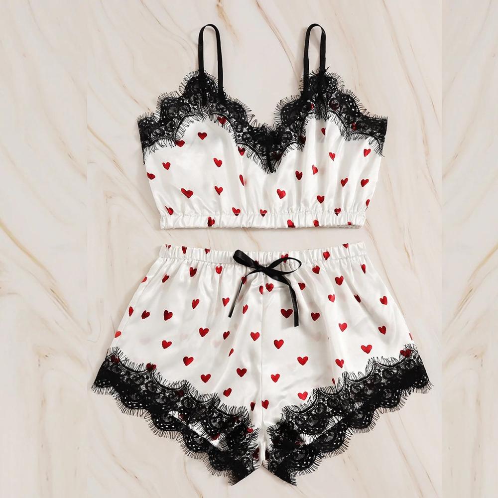 Pyjamas Women Pajamas Sleep Wear Women Heart Print Satin Camisole Pajamas Ruffled Flounce Shorts Lingerie Set пижама женская