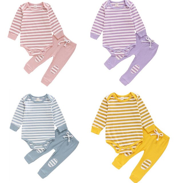 Newborn Baby Girls Boys Tie-Dye Outfit Set Long Sleeve Striped Romper Top + Pants 2Pcs Clothes Suit