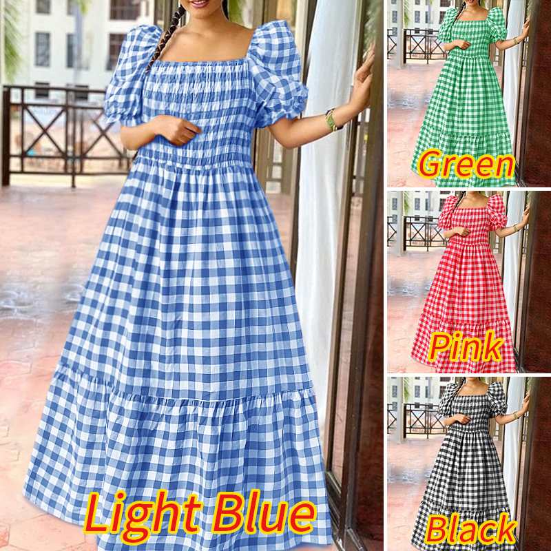Plus Size Summer Dress 2022 VONDA Short Lantern Sleeve Square Collar Vintage Bohemian Plaid Dresses Femme Party Vestidos
