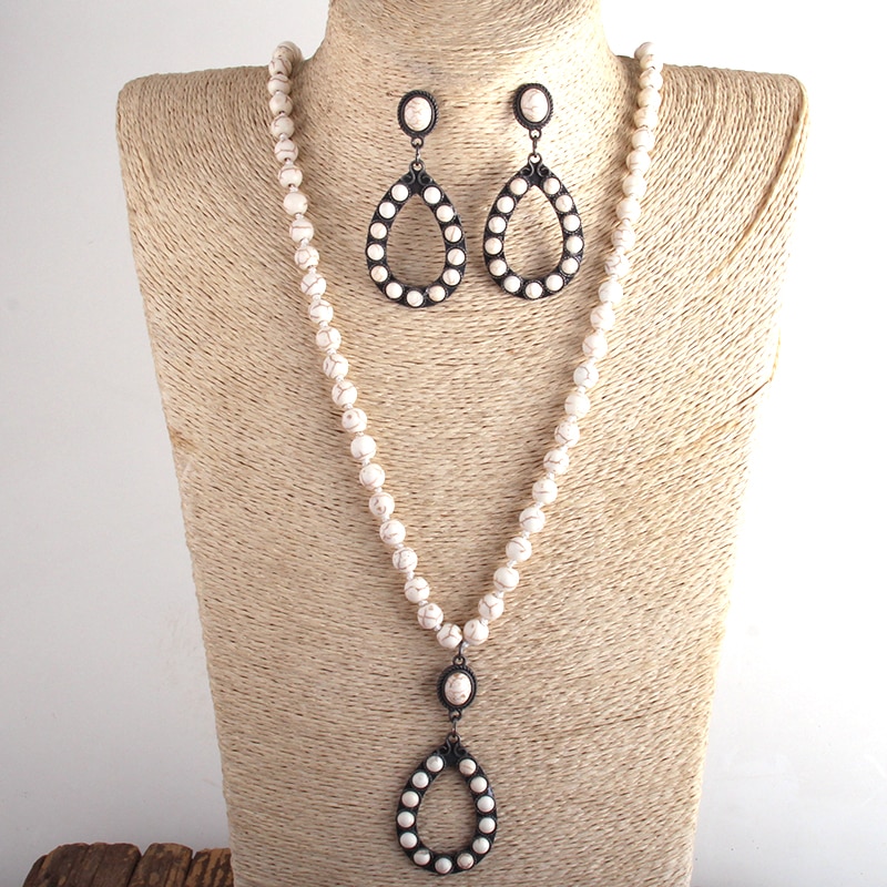 RH Boho Jewelry Set White / Blue Long Knotted Necklace Earring Set Women