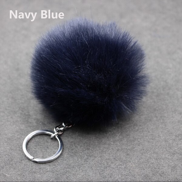 de Navidad Artificial Bola de pelo de conejo de peluche de felpa Fuzzy Llavero de pelo llavero con pompón coche bolsa llavero colgante de llavero de la joyería: Navy Blue