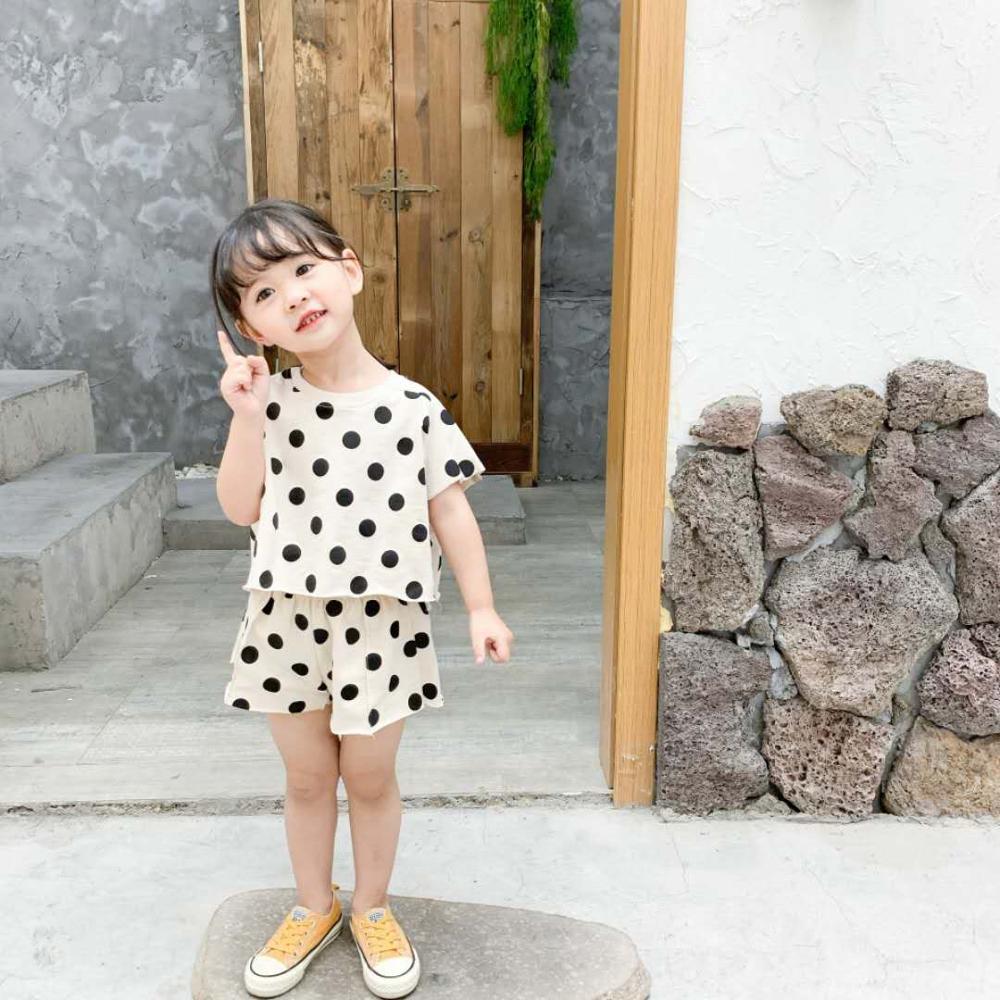 Primavera verão crianças roupas 2 pçs de malha algodão em torno do pescoço manga curta roupas da menina do bebê polka dot camiseta polka dot shorts: WHITE / 130CM