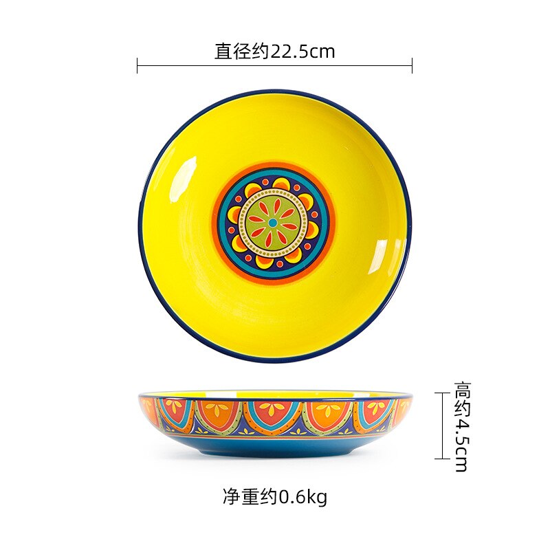 Série latine bols à salade en céramique créatifs, plats occidentaux peints à la main, bols à riz maison sous glaçure, ensemble d'assiettes à nouilles: 9 inch plate-blue