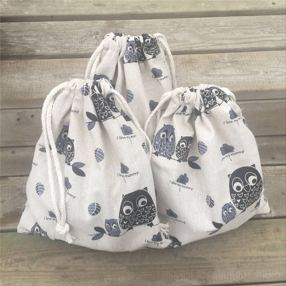 YILE 1pc Cotton Linen Drawstring Party Bag Sorted Pouch Print Black Owls 8927e