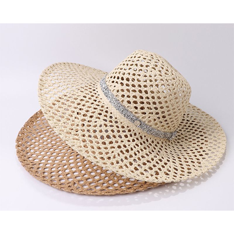 Dam sommar ihåligt mesh nät solhatt vävd halm stor bred brättad solkräm glitter strass kedja bälte panama strandmössa