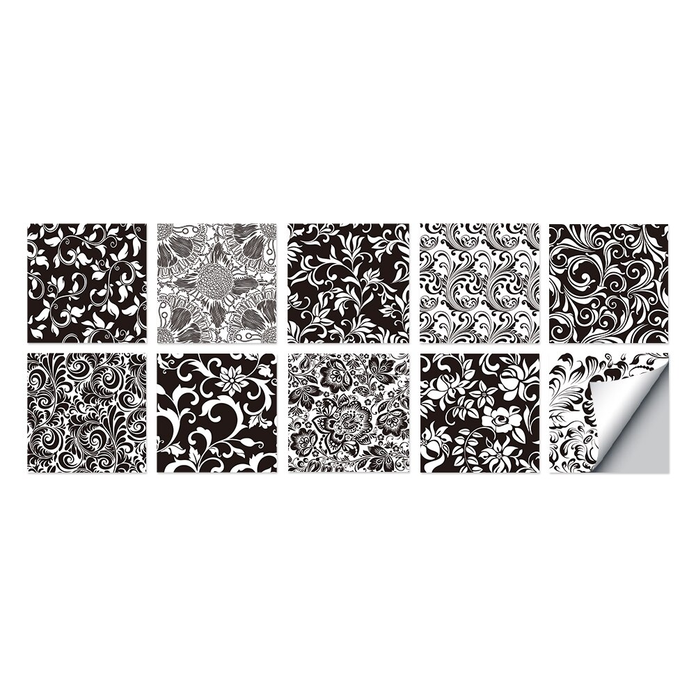 Baroque noir et blanc motif carrelage autocollants salle de bain toilette étanche mur décor Mural: HT010 / 15cmX15cm