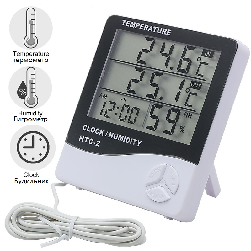 Digital Thermometer Hygrometer Weather Station Temperature Humidity Tester Clock Alarm Wall Indoor Outdoor Sensor Probe LCD