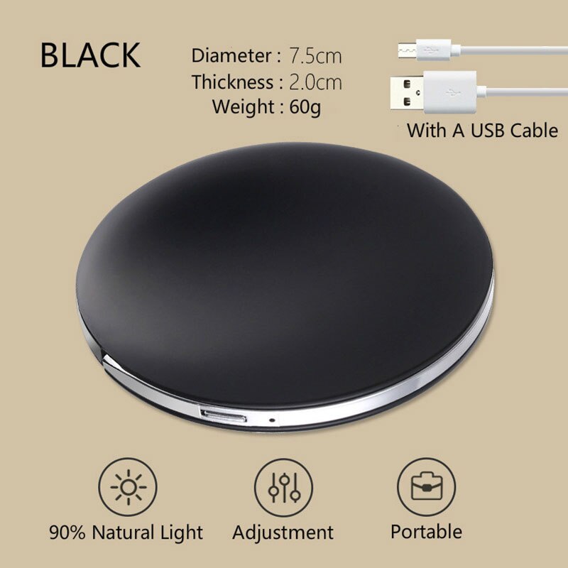 Mini espejo LED portátil luminoso espejo de maquillaje de carga USB con lámpara de maquillaje chica llevar espejo pequeño redondo para mujeres S1: black