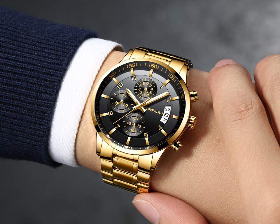 CRRJU cronógrafo relojes duraderos hombres Casual negocios impermeable oro negro Acero completo cuarzo reloj Relogio Masculino 2214